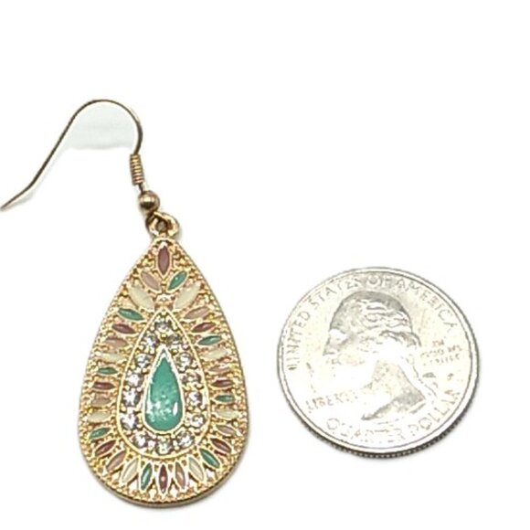 Teardrop Dangle Earrings Mint Green Enamel Rhinestones Small Pastel Beads - Picture 5 of 14